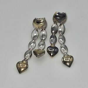 Vintage Two Tone Metal Heart Dangle Earrings Silver Gold Tone 90s Drop Jewelry